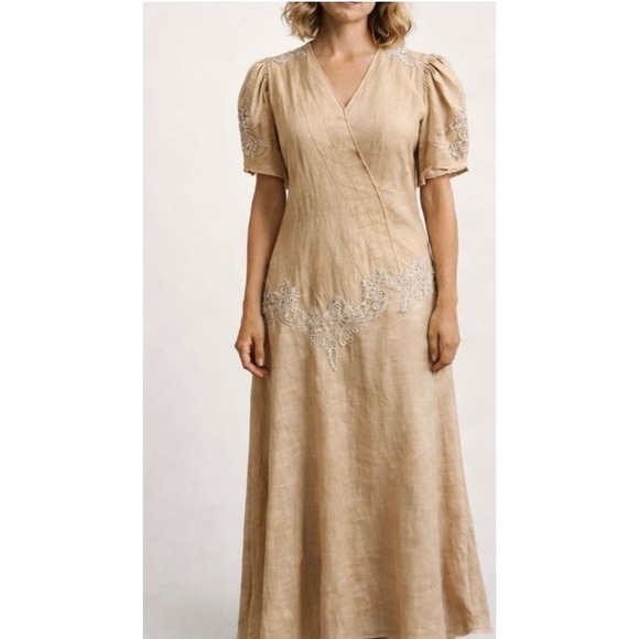 CAPRICCIO BY DIGNA Linen Embroidered Prairie Dress W Size 12 Cream 1930s Style